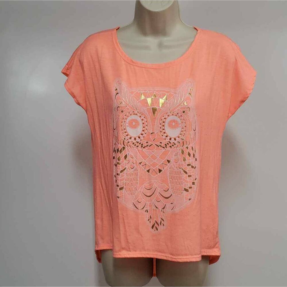 Miss Royal T Womens M T-Shirt Salmon Orange Metallic Owl Cap Sleeve SS Tee Top